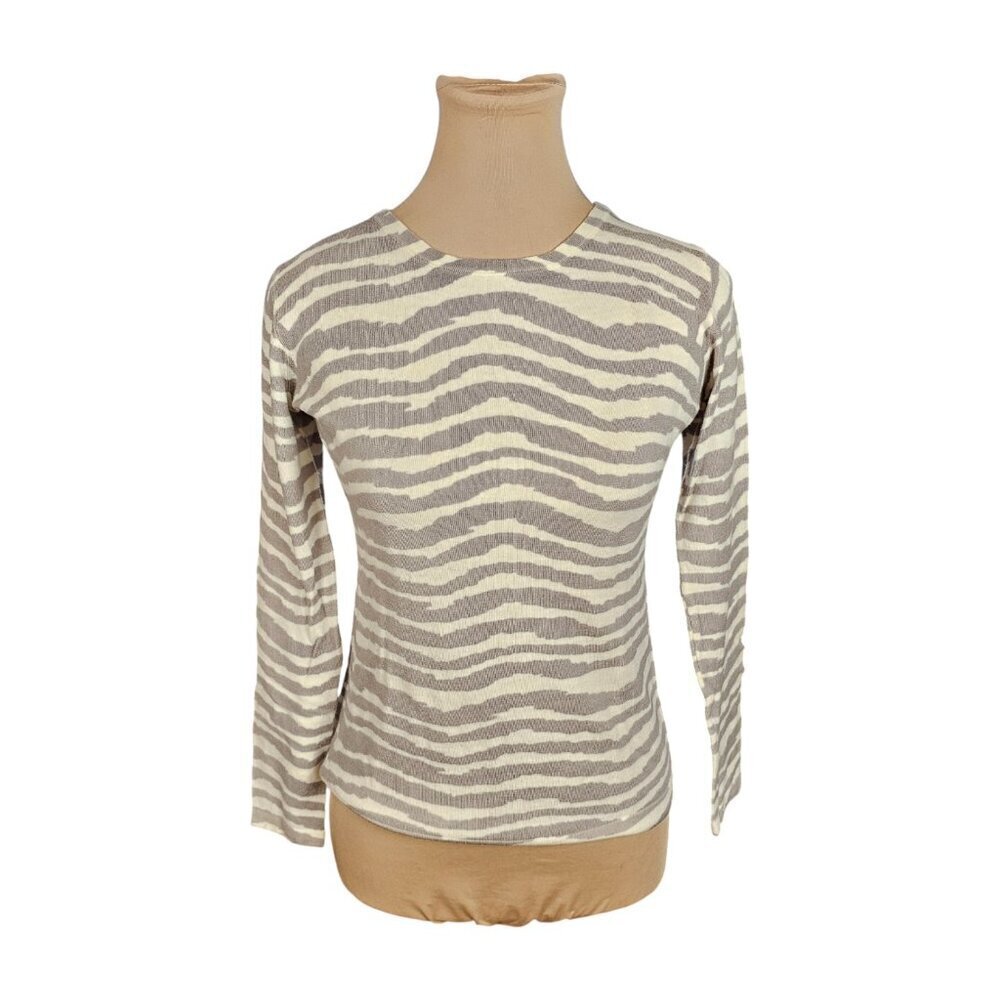 Garnet Hill Zebra Strip Long Sleeve Off White Top Sz S